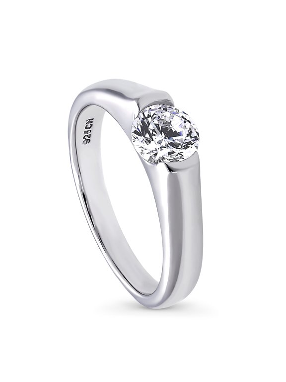 Sterling Silver Solitaire Wedding Engagement Rings 0.8 Carat Half Bezel Set Round Cut Cubic Zirconia CZ Ring for Women, Rhodium Plated Size 7