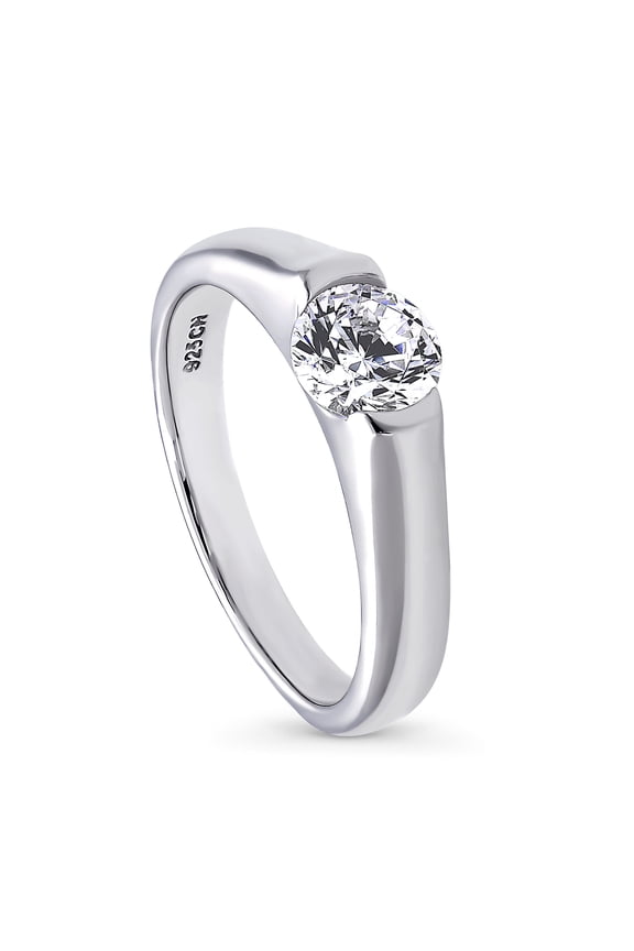 Sterling Silver Solitaire Wedding Engagement Rings 0.8 Carat Half Bezel Set Round Cut Cubic Zirconia CZ Ring for Women, Rhodium Plated Size 7