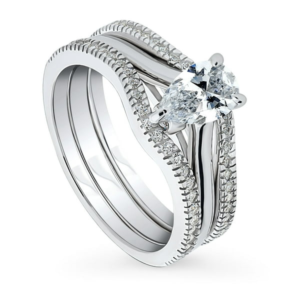 BERRICLE Sterling Silver Solitaire Wedding Engagement Rings 0.8 Carat Pear Cut Cubic Zirconia CZ Wishbone Ring Set for Women, Rhodium Plated Size 4