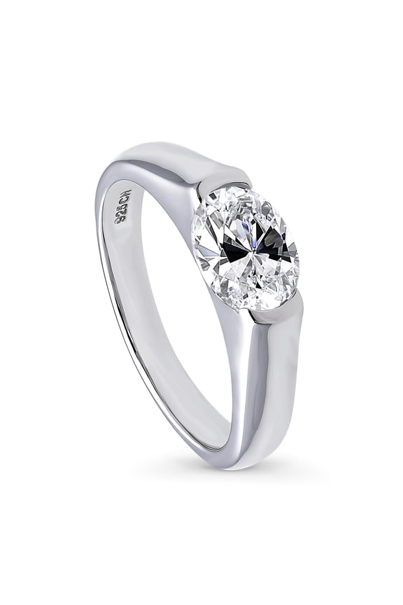 Sterling Silver Solitaire Wedding Engagement Rings 1.2 Carat Half Bezel Set Oval Cut Cubic Zirconia CZ East-West Ring for Women, Rhodium Plated Size 5.5