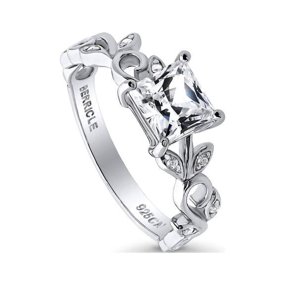 BERRICLE Sterling Silver Solitaire Wedding Engagement Rings 1.2 Carat Princess Cut Cubic Zirconia CZ Leaf Promise Ring for Women, Rhodium Plated Size 8