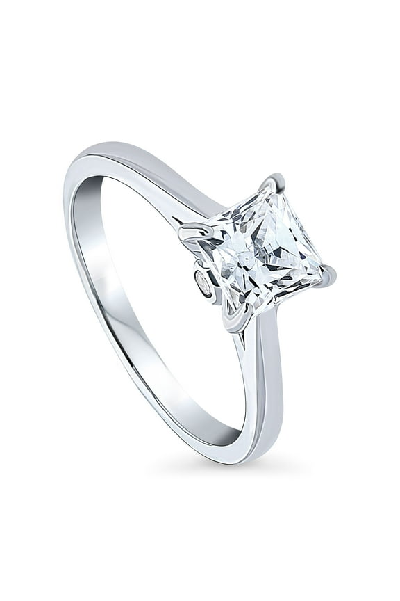 Sterling Silver Solitaire Wedding Engagement Rings 1.2 Carat Princess Cut Cubic Zirconia CZ Promise Ring for Women, Rhodium Plated Size 8
