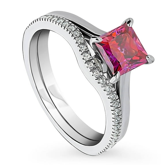 BERRICLE Sterling Silver Solitaire Wedding Engagement Rings 1.2 Carat Red Princess Cut Cubic Zirconia CZ Wishbone Ring Set for Women, Rhodium Plated Size 8