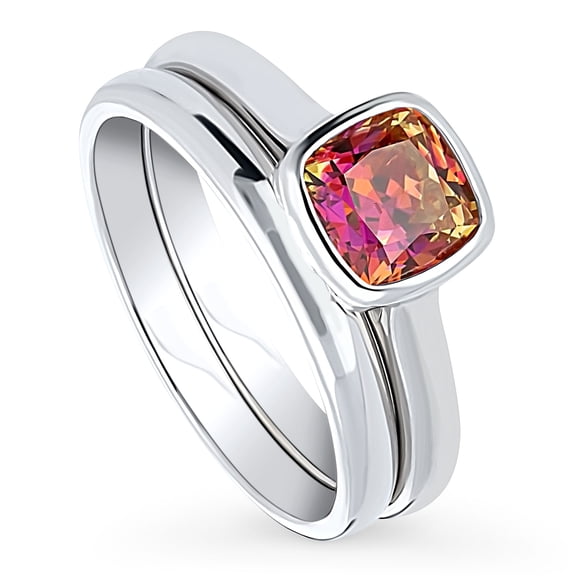 BERRICLE Sterling Silver Solitaire Wedding Engagement Rings 1.25 Carat Red Orange Bezel Set Cushion Cut Cubic Zirconia CZ Kaleidoscope Ring Set for Women, Rhodium Plated Size 4