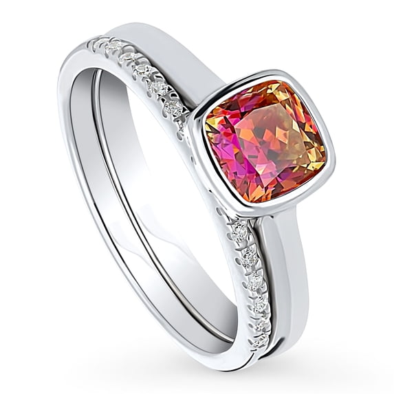 BERRICLE Sterling Silver Solitaire Wedding Engagement Rings 1.25 Carat Red Orange Bezel Set Cushion Cut Cubic Zirconia CZ Kaleidoscope Ring Set for Women, Rhodium Plated Size 6