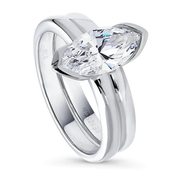 BERRICLE Sterling Silver Solitaire Wedding Engagement Rings 1.6 Carat Half Bezel Set Marquise Cut Cubic Zirconia CZ Ring Set for Women, Rhodium Plated Size 5