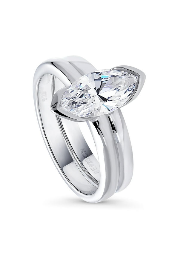 Sterling Silver Solitaire Wedding Engagement Rings 1.6 Carat Half Bezel Set Marquise Cut Cubic Zirconia CZ Ring Set for Women, Rhodium Plated Size 7