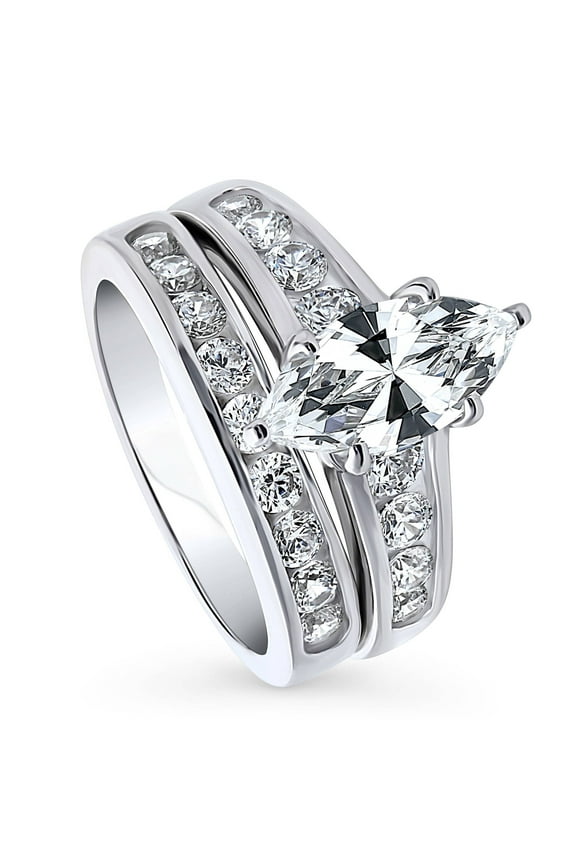 Sterling Silver Solitaire Wedding Engagement Rings 1.6 Carat Marquise Cut Cubic Zirconia CZ Statement Ring Set for Women, Rhodium Plated Size 7