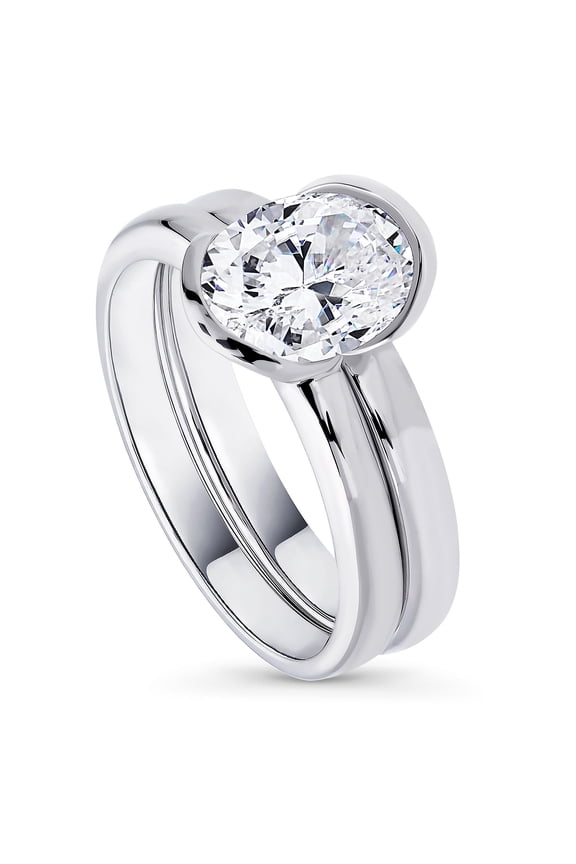Sterling Silver Solitaire Wedding Engagement Rings 1.8 Carat Half Bezel Set Oval Cut Cubic Zirconia CZ Ring Set for Women, Rhodium Plated Size 9