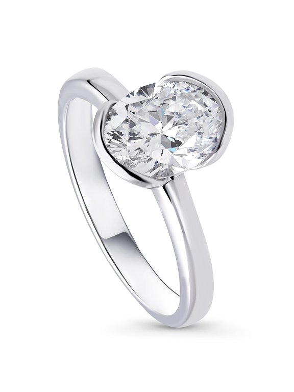 Sterling Silver Solitaire Wedding Engagement Rings 1.8 Carat Half Bezel Set Oval Cut Cubic Zirconia CZ Ring for Women, Rhodium Plated Size 5