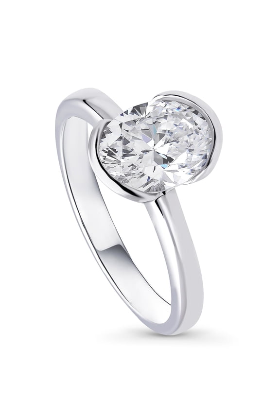 Sterling Silver Solitaire Wedding Engagement Rings 1.8 Carat Half Bezel Set Oval Cut Cubic Zirconia CZ Ring for Women, Rhodium Plated Size 8