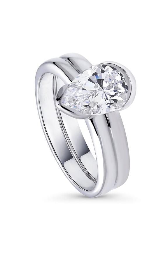 Sterling Silver Solitaire Wedding Engagement Rings 1.8 Carat Half Bezel Set Pear Cut Cubic Zirconia CZ Ring Set for Women, Rhodium Plated Size 5