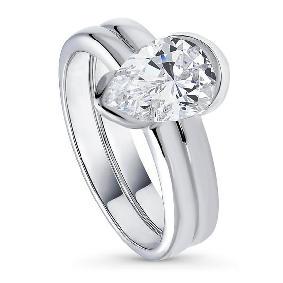 BERRICLE Sterling Silver Solitaire Wedding Engagement Rings 1.8 Carat Half Bezel Set Pear Cut Cubic Zirconia CZ Ring Set for Women, Rhodium Plated Size 6