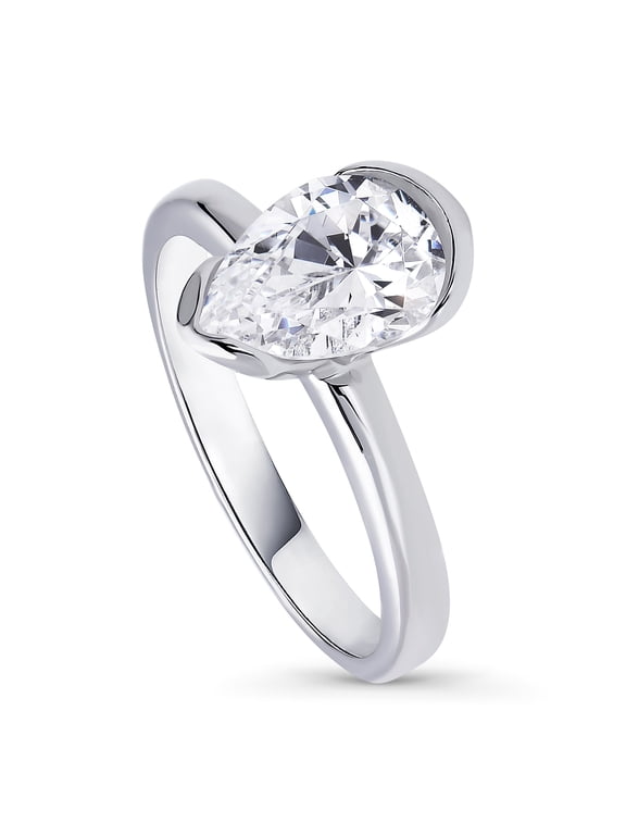 Sterling Silver Solitaire Wedding Engagement Rings 1.8 Carat Half Bezel Set Pear Cut Cubic Zirconia CZ Ring for Women, Rhodium Plated Size 4