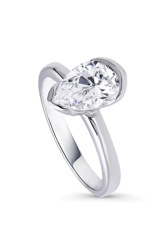 Sterling Silver Solitaire Wedding Engagement Rings 1.8 Carat Half Bezel Set Pear Cut Cubic Zirconia CZ Ring for Women, Rhodium Plated Size 7