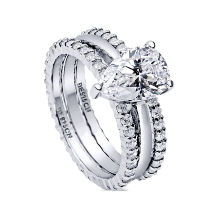 BERRICLE Sterling Silver Solitaire Wedding Engagement Rings Statement Stackable Band for Women, 1.8 Carat Pear Cut Cubic Zirconia CZ Ring Set Size 10