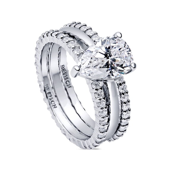 BERRICLE Sterling Silver Solitaire Wedding Engagement Rings Statement Stackable Band for Women, 1.8 Carat Pear Cut Cubic Zirconia CZ Ring Set Size 10