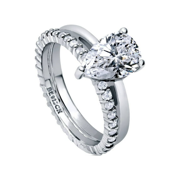 BERRICLE Sterling Silver Solitaire Wedding Engagement Rings 1.8 Carat Pear Cut Cubic Zirconia CZ Ring Set for Women, Rhodium Plated Size 6.5