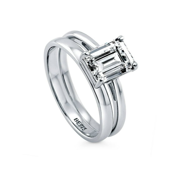 BERRICLE Sterling Silver Solitaire Wedding Engagement Rings 2.1 Carat Emerald Cut Cubic Zirconia CZ Ring Set for Women, Rhodium Plated Size 7.5