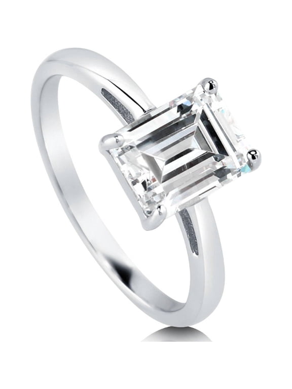 Sterling Silver Solitaire Wedding Engagement Rings 2.1 Carat Emerald Cut Cubic Zirconia CZ Ring for Women, Rhodium Plated Size 4.5