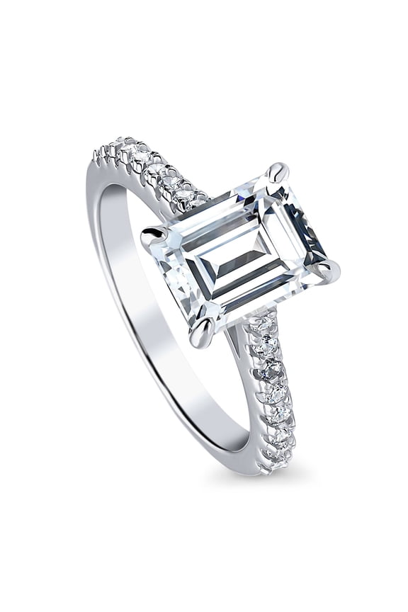 Sterling Silver Solitaire Wedding Engagement Rings 2.6 Carat Emerald Cut Cubic Zirconia CZ Promise Ring for Women, Rhodium Plated Size 6