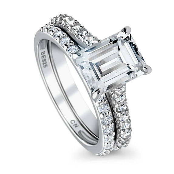 BERRICLE Sterling Silver Solitaire Engagement Rings Statement Stackable Band for Women, 2.6 Carat Emerald Cut Cubic Zirconia CZ Ring Set Size 10