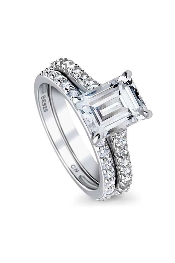 Sterling Silver Solitaire Engagement Rings Statement Stackable Band for Women, 2.6 Carat Emerald Cut Cubic Zirconia CZ Ring Set Size 8.5