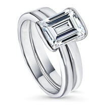 BERRICLE Sterling Silver Solitaire Wedding Engagement Rings 2.6 Carat Half Bezel Set Step Emerald Cut Cubic Zirconia CZ Ring Set for Women, Rhodium Plated Size 4