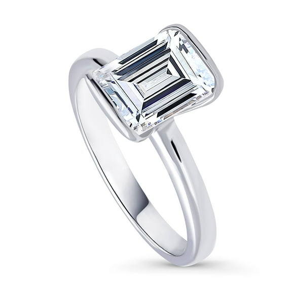 BERRICLE Sterling Silver Solitaire Wedding Engagement Rings 2.6 Carat Half Bezel Set Step Emerald Cut Cubic Zirconia CZ Ring for Women, Rhodium Plated Size 5