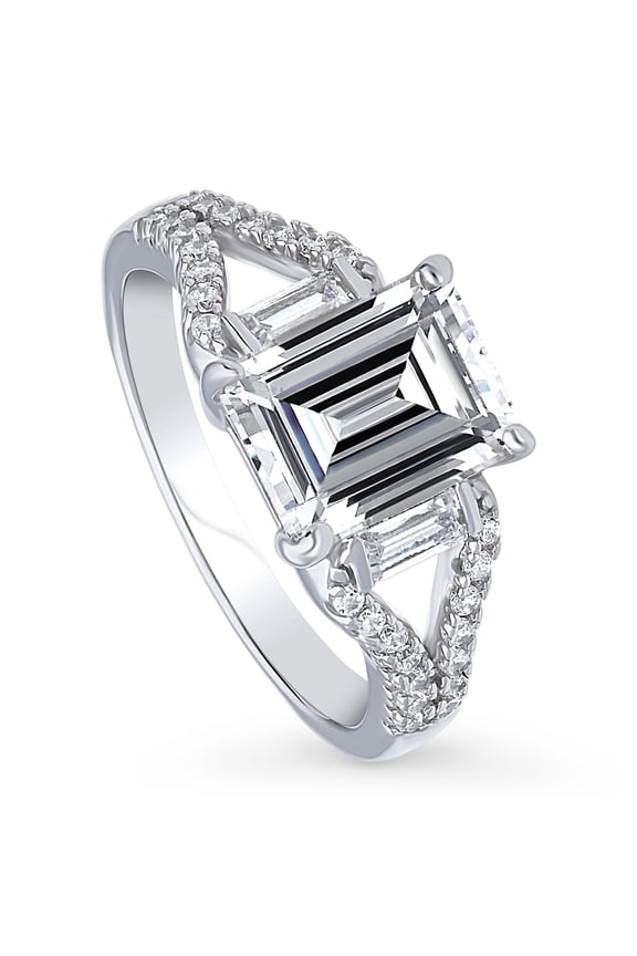 Sterling Silver Solitaire Wedding Engagement Rings 2.6 Carat Step Emerald Cut Cubic Zirconia CZ Split Shank Ring for Women, Rhodium Plated Size 4