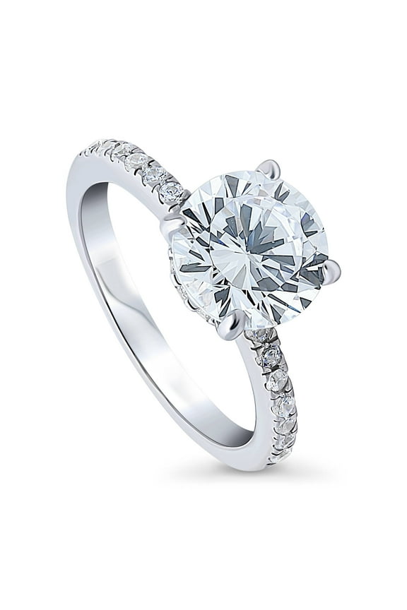 Sterling Silver Solitaire Wedding Engagement Rings 2.7 Carat Round Cut Cubic Zirconia CZ Hidden Halo Promise Ring for Women, Rhodium Plated Size 4.5