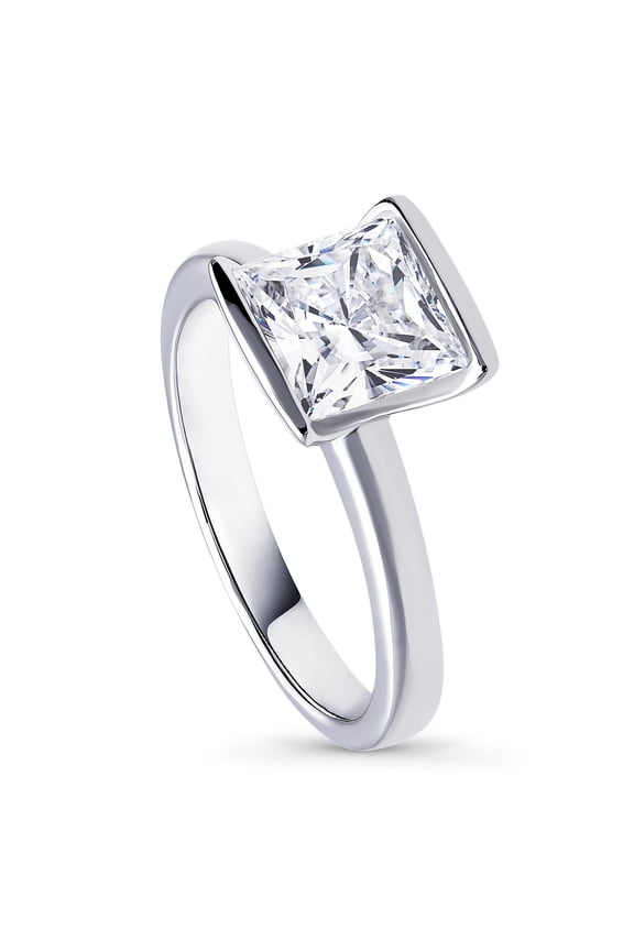 Sterling Silver Solitaire Wedding Engagement Rings 2 Carat Half Bezel Set Princess Cut Cubic Zirconia CZ Ring for Women, Rhodium Plated Size 8
