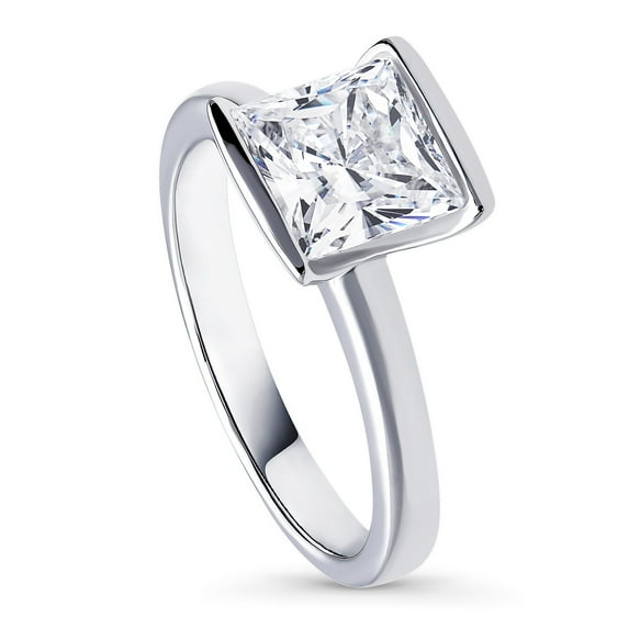 BERRICLE Sterling Silver Solitaire Wedding Engagement Rings 2 Carat Half Bezel Set Princess Cut Cubic Zirconia CZ Ring for Women, Rhodium Plated Size 8