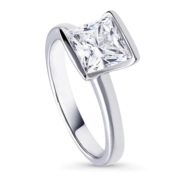 BERRICLE Sterling Silver Solitaire Wedding Engagement Rings 2 Carat Half Bezel Set Princess Cut Cubic Zirconia CZ Ring for Women, Rhodium Plated Size 9