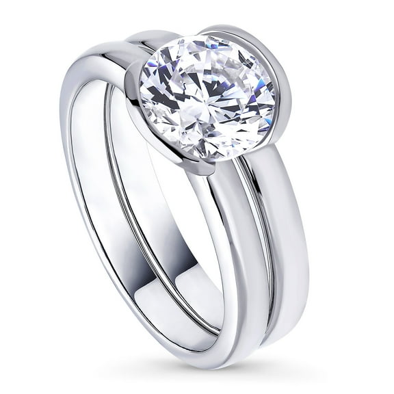 BERRICLE Sterling Silver Solitaire Wedding Engagement Rings 2 Carat Half Bezel Set Round Cut Cubic Zirconia CZ Ring Set for Women, Rhodium Plated Size 4