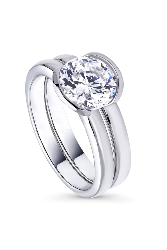 Sterling Silver Solitaire Wedding Engagement Rings 2 Carat Half Bezel Set Round Cut Cubic Zirconia CZ Ring Set for Women, Rhodium Plated Size 9