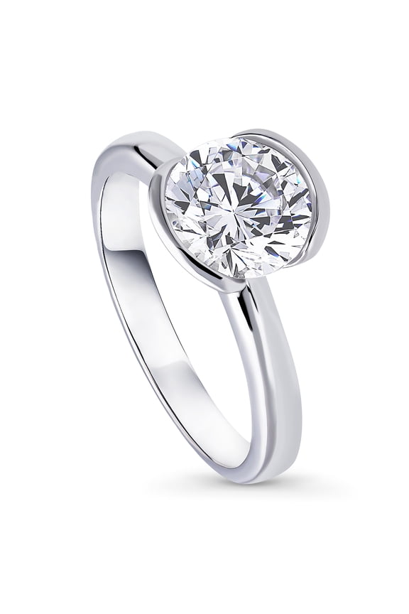 Sterling Silver Solitaire Wedding Engagement Rings 2 Carat Half Bezel Set Round Cut Cubic Zirconia CZ Ring for Women, Rhodium Plated Size 8