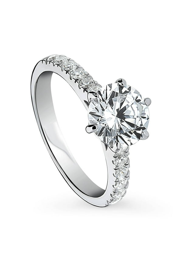 Sterling Silver Solitaire Wedding Engagement Rings 2 Carat Round Cut Cubic Zirconia CZ Promise Ring for Women, Rhodium Plated Size 6
