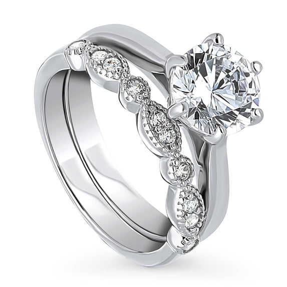 BERRICLE Sterling Silver Milgrain Wedding Engagement Rings 2 Carat Cubic Zirconia CZ Solitaire Ring Set for Women, Rhodium Plated Size 7