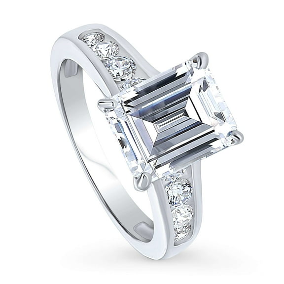 BERRICLE Sterling Silver Solitaire Wedding Engagement Rings 3.8 Carat Emerald Cut Cubic Zirconia CZ Cocktail Promise Ring for Women, Rhodium Plated Size 5