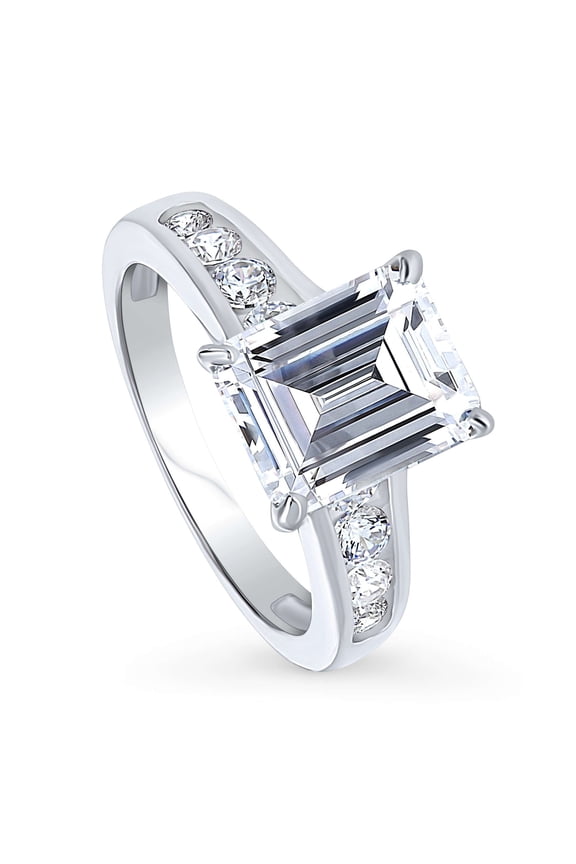 Sterling Silver Solitaire Wedding Engagement Rings 3.8 Carat Emerald Cut Cubic Zirconia CZ Cocktail Promise Ring for Women, Rhodium Plated Size 8.5