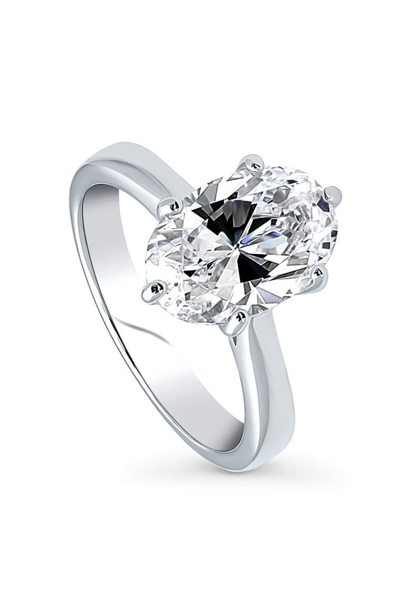 Sterling Silver Solitaire Wedding Engagement Rings 3 Carat Oval Cut Cubic Zirconia CZ Ring for Women, Rhodium Plated Size 10
