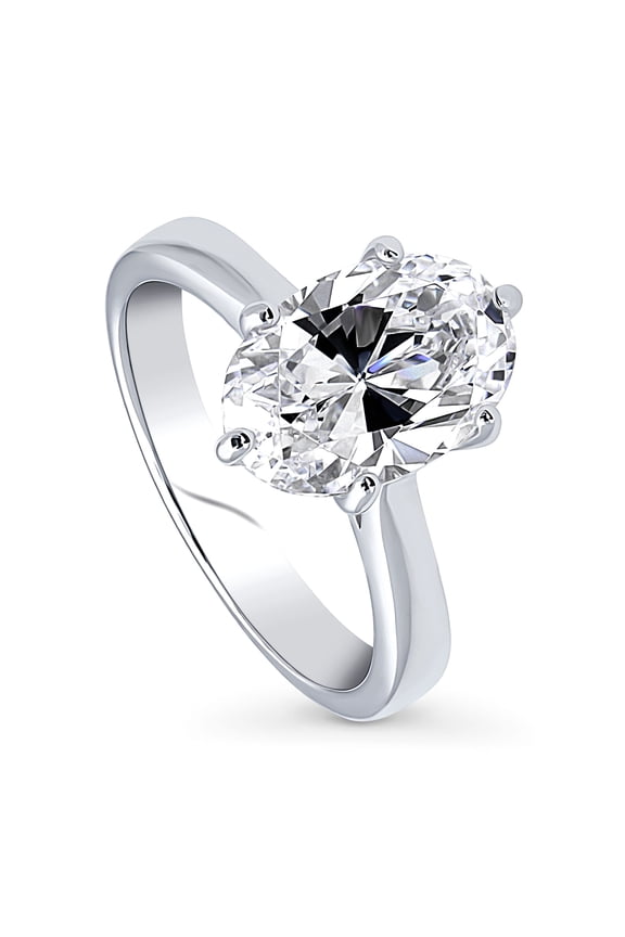 Sterling Silver Solitaire Wedding Engagement Rings 3 Carat Oval Cut Cubic Zirconia CZ Ring for Women, Rhodium Plated Size 5.5