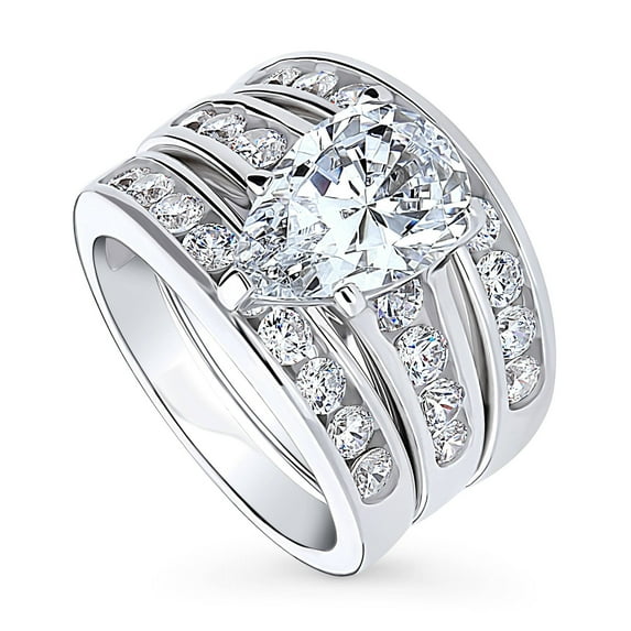 BERRICLE Sterling Silver Solitaire Wedding Engagement Rings 3 Carat Pear Cut Cubic Zirconia CZ Ring Set for Women, Rhodium Plated Size 8