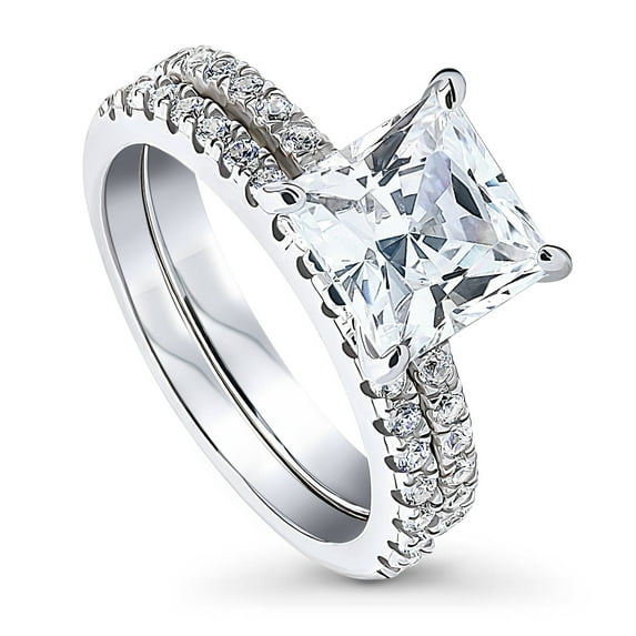 BERRICLE Sterling Silver Solitaire Wedding Engagement Rings 3 Carat Princess Cut Cubic Zirconia CZ Hidden Halo Ring Set for Women, Rhodium Plated Size 8.5