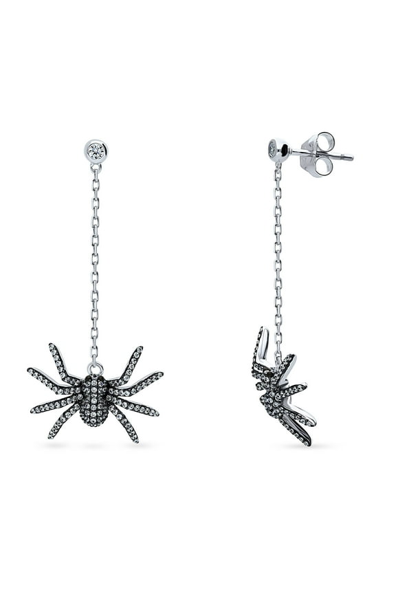 Sterling Silver Spider Cubic Zirconia CZ Fashion Dangle Drop Earrings for Women, Rhodium Plated
