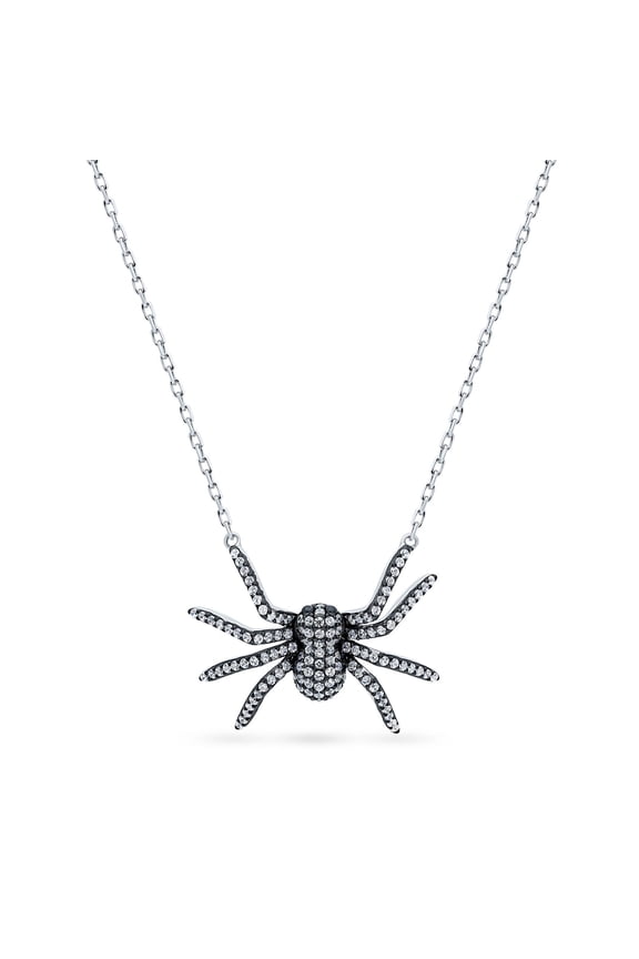 Sterling Silver Spider Cubic Zirconia CZ Fashion Pendant Necklace for Women, Rhodium Plated 16 inch