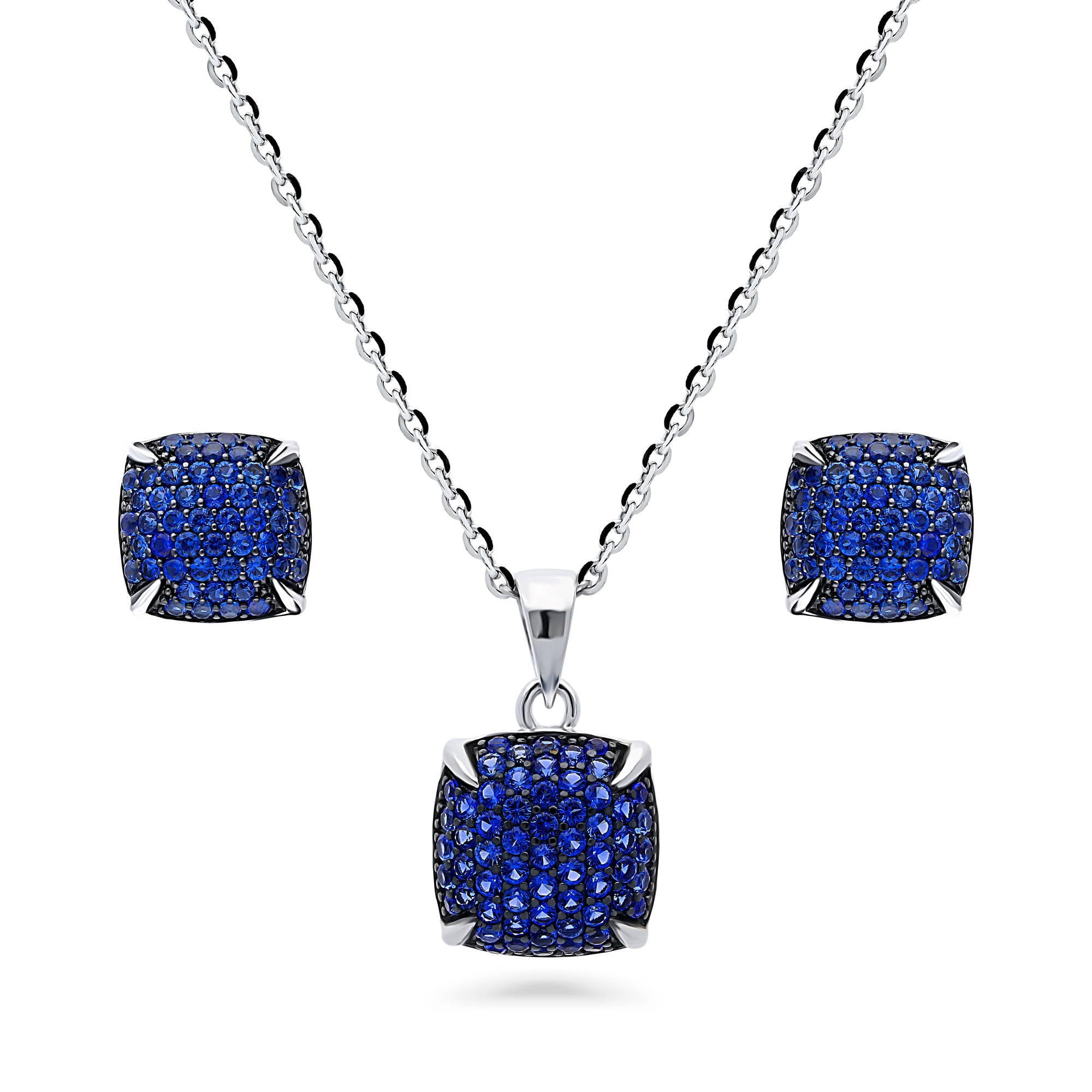 BERRICLE Sterling Silver Square Cubic Zirconia CZ Fashion Necklace and Earrings Set for Women, Rhodium Plated, Blue