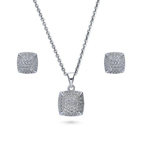 BERRICLE Sterling Silver Square Cubic Zirconia CZ Fashion Necklace and Earrings Set for Women, Rhodium Plated, Clear