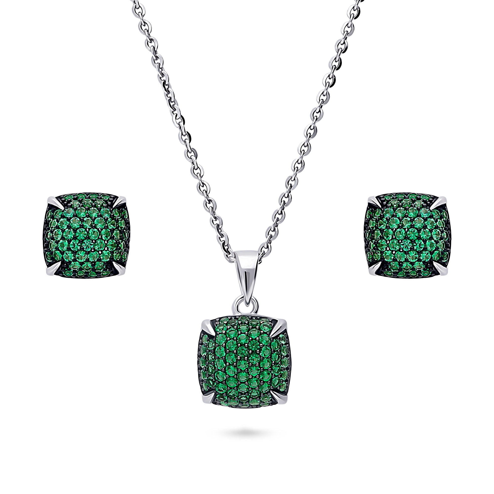 BERRICLE Sterling Silver Square Cubic Zirconia CZ Fashion Necklace and Earrings Set for Women, Rhodium Plated, Green